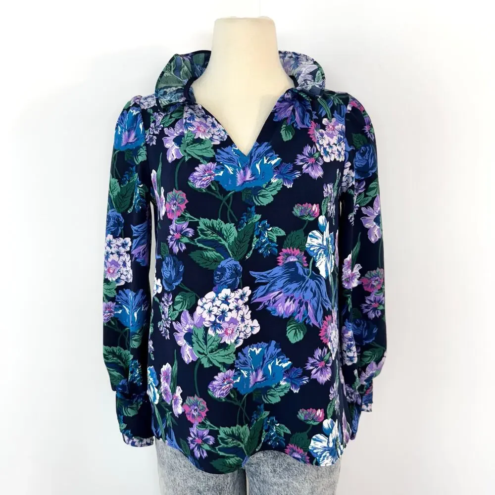 J. Crew Ruffle Neck Long Sleeve Crepe Top Blouse in Blue Floral | XS